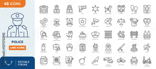 Police line editable icon set. Containing Police, weapon, badge, jail, arrest, investigate, handcuffs, police station, and more. Vector illustration