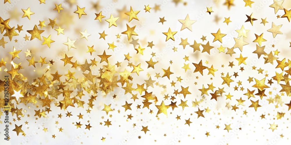 Whimsical golden star confetti floating gently in the air, suspended against a soft white background with subtle sparkle effects , festive, light-hearted Whimsical golden star confetti floating gently in the air, suspended against a soft white background with subtle sparkle effects , festive, light-hearted