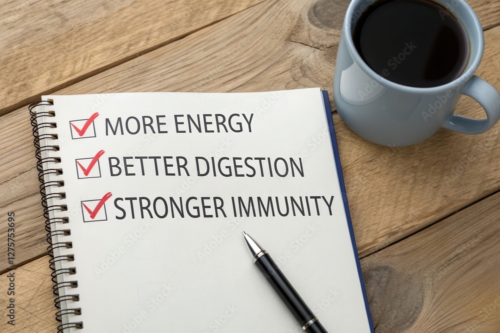 Notebook with checklist and coffee cup. Health benefits