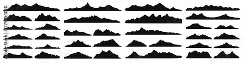 set of mountain silhouettes featuring rocky peaks and landscape icons. A vector collection perfect for logos, adventure designs, nature illustrations, and outdoor-themed graphics.