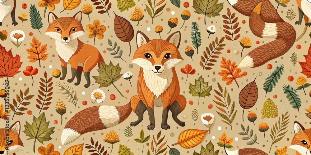 Obraz premium Detailed fox in a seamless forest pattern with autumn leaves, acorns and mushrooms, mushrooms, forests, mushrooms