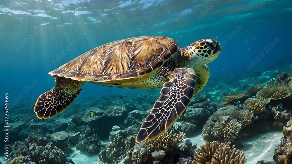 Obraz premium Elegant Green Sea Turtle Navigating Crystal-Clear Waters Over Lush Coral