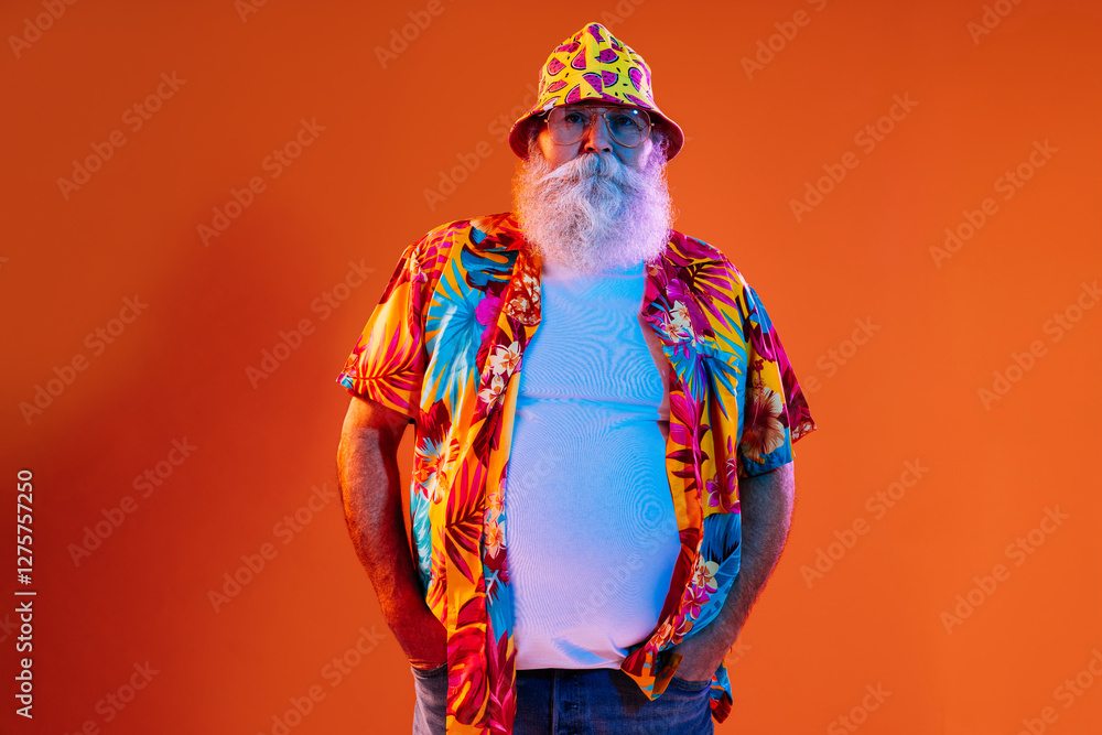 Fototapeta premium Senior old man with gray beard wearing hawaiian shirt portrait in studio - Funny stylish older male adult tourist with cool style, concepts about elderly and lifestyle