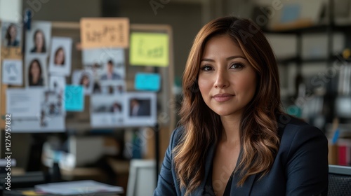 Free Download Confident Female Detective Working at Her Desk with Evidence Board in Background - GFXLoad