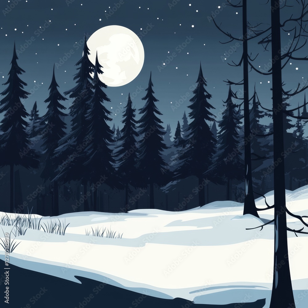 Naklejka premium Snowy forest night scene, full moon, winter landscape, greeting card