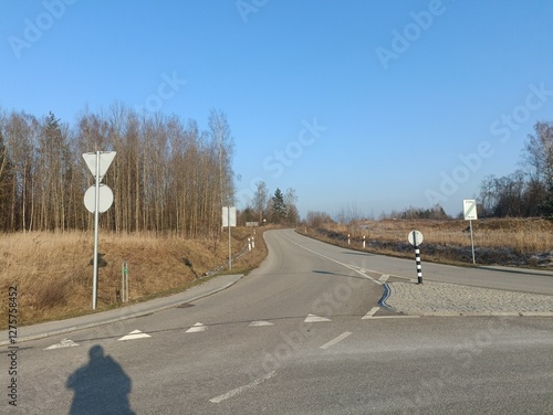 Aviacijos street in Siauliai. Empty street in suburbs. Sunny day without clouds in sky. Aviacijos gatve Siauliuose. photo