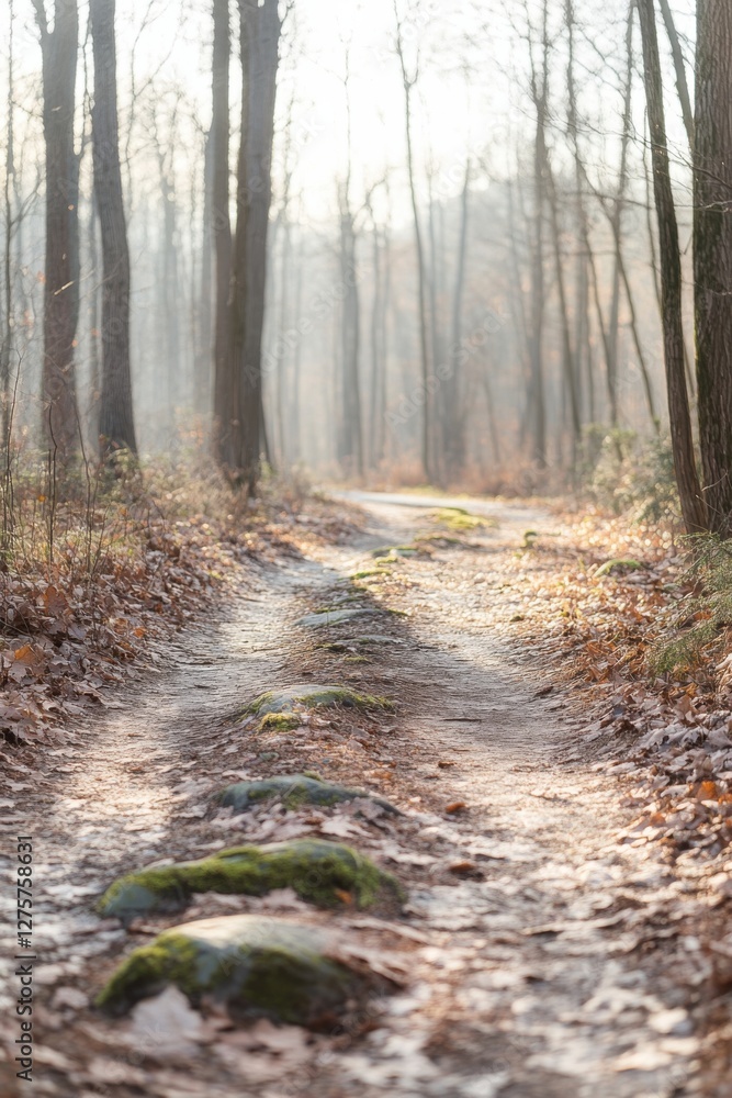 Obraz premium Romantic nature walk along a peaceful forest path hinting at springs arrival
