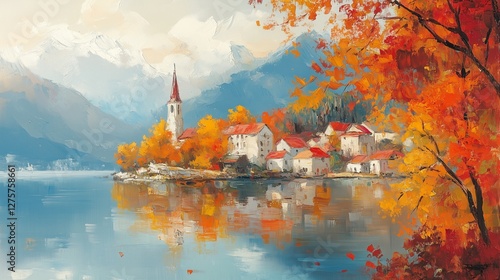 waterfront village nestled against a misty mountainside. The buildings are colorful, Scandinavian or Northern European. The scene is tranquil and evokes a sense of quiet rural beauty.