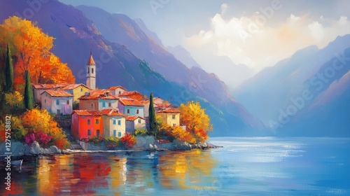 waterfront village nestled against a misty mountainside. The buildings are colorful, Scandinavian or Northern European. The scene is tranquil and evokes a sense of quiet rural beauty.