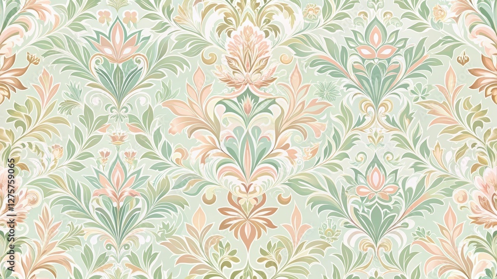 Elegant damask floral pattern with intricate leaf designs and delicate floral motifs in soft pastel colors, soft, seamless Elegant damask floral pattern with intricate leaf designs and delicate floral motifs in soft pastel colors, soft, seamless
