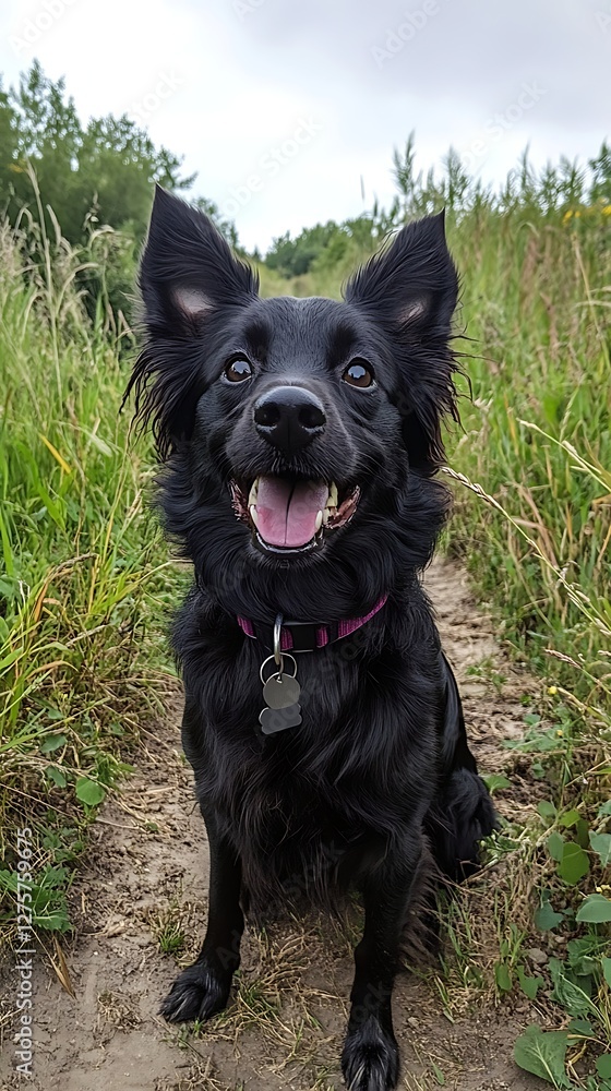 Happy black dog sitting on path in park Happy black dog sitting on path in park