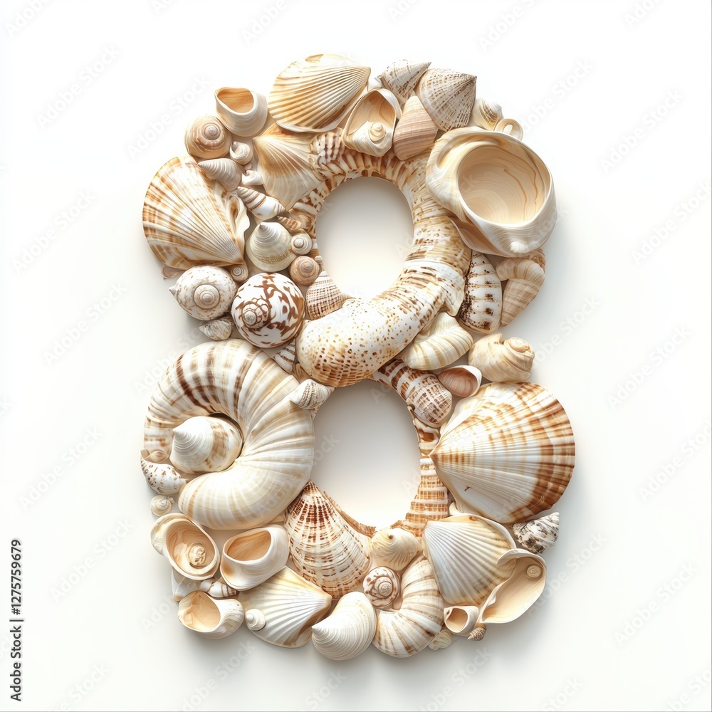 Number 8 made of assorted seashells in natural beige and white tones isolated on a clean white background Number 8 made of assorted seashells in natural beige and white tones isolated on a clean white background
