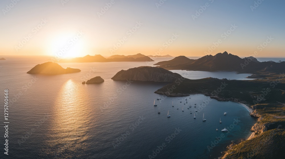 Obraz premium Golden Hour Sunset Over Islands and Coastal Bays - A Breathtaking Aerial View of a Coastal Paradise