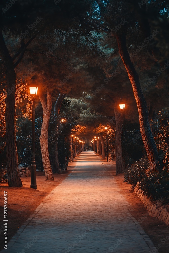 Illuminated park path at night Illuminated park path at night