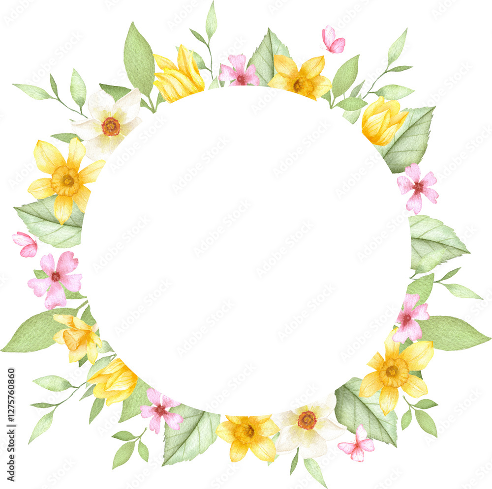 Obraz premium Full Floral Circle Frame with Daffodils and Blossoms