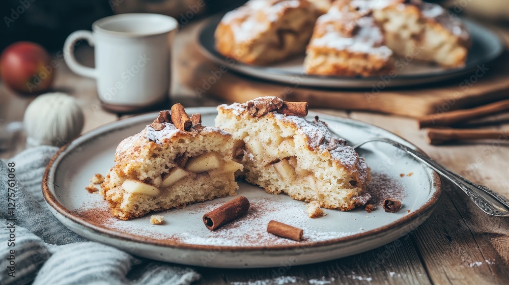 Freshly Baked Apple Scone with Cinnamon and Powdered Sugar Topping Freshly Baked Apple Scone with Cinnamon and Powdered Sugar Topping
