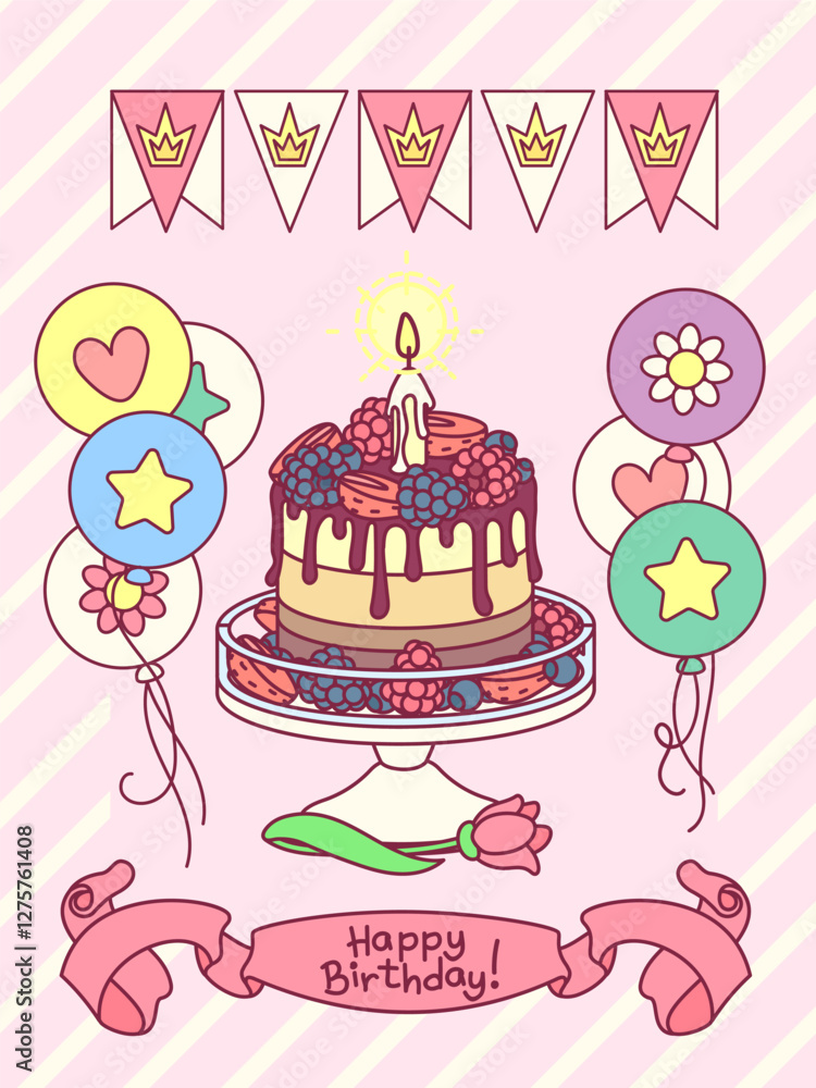 vector Happy Birthday party greeting card for girl. Cake, cakestand, 1 candle, balloons, ribbon, flags, striped frame. Festive cartoon congratulation text template. White & pinck celebrate concept vector Happy Birthday party greeting card for girl. Cake, cakestand, 1 candle, balloons, ribbon, flags, striped frame. Festive cartoon congratulation text template. White & pinck celebrate concept
