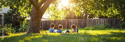 A cheerful homeschool day captured with kids reading under a tree in the backyard