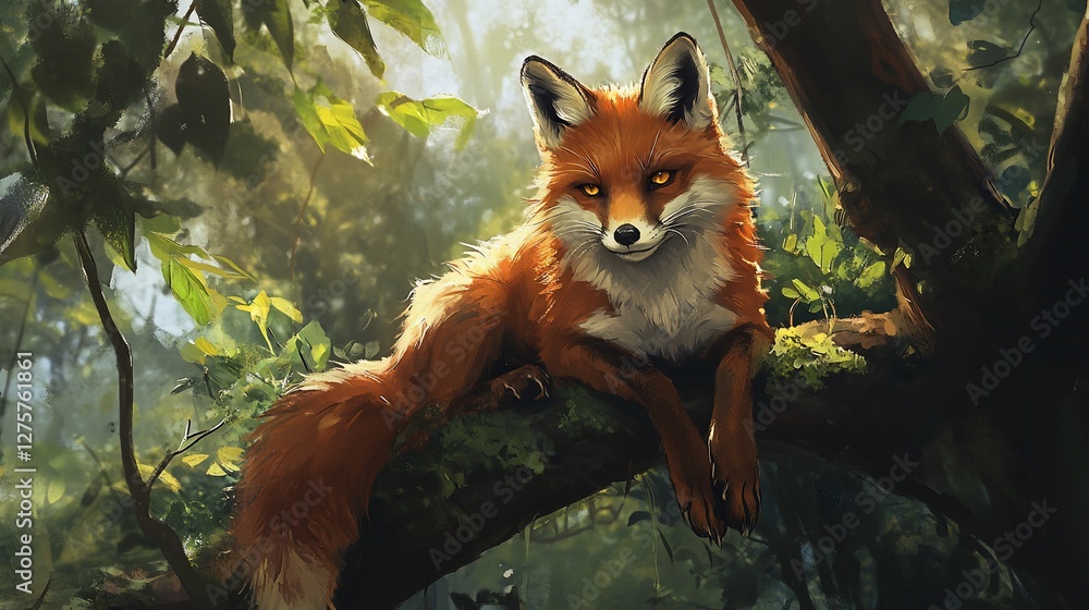 Naklejka premium Red fox resting on mossy tree branch in lush forest.