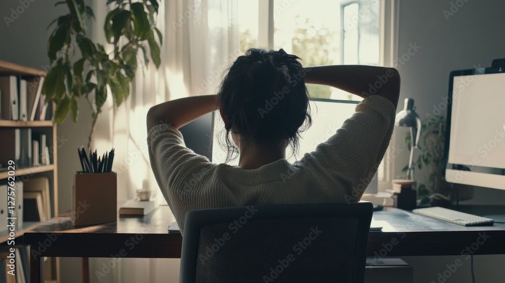 Shoulder stretch by a woman in a quiet home office. Featuring relaxation and wellness