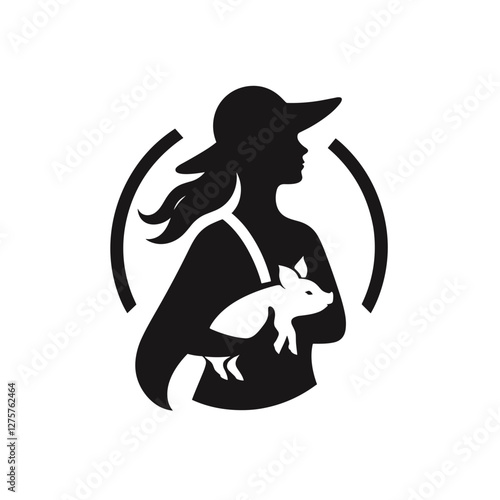 Female farmer holding a piglet - Vector silhouette