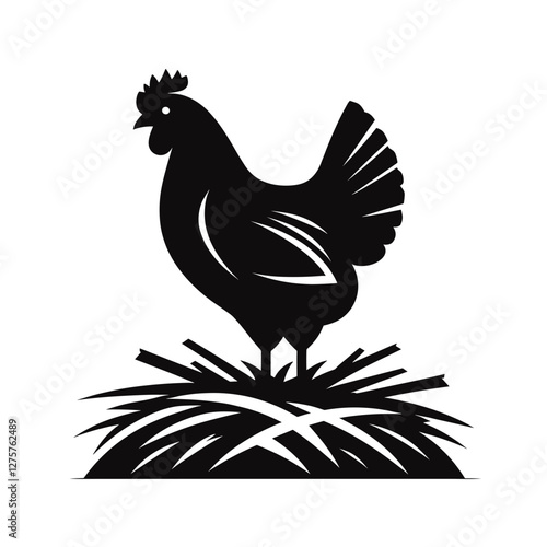 Hen standing on a nest - Vector silhouette