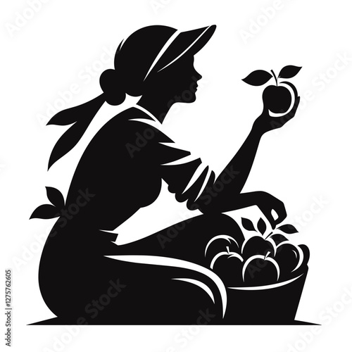 Woman harvesting apples - Vector silhouette