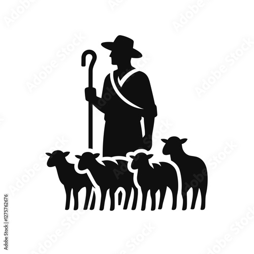 Shepherd with a flock of sheep - Vector silhouette
