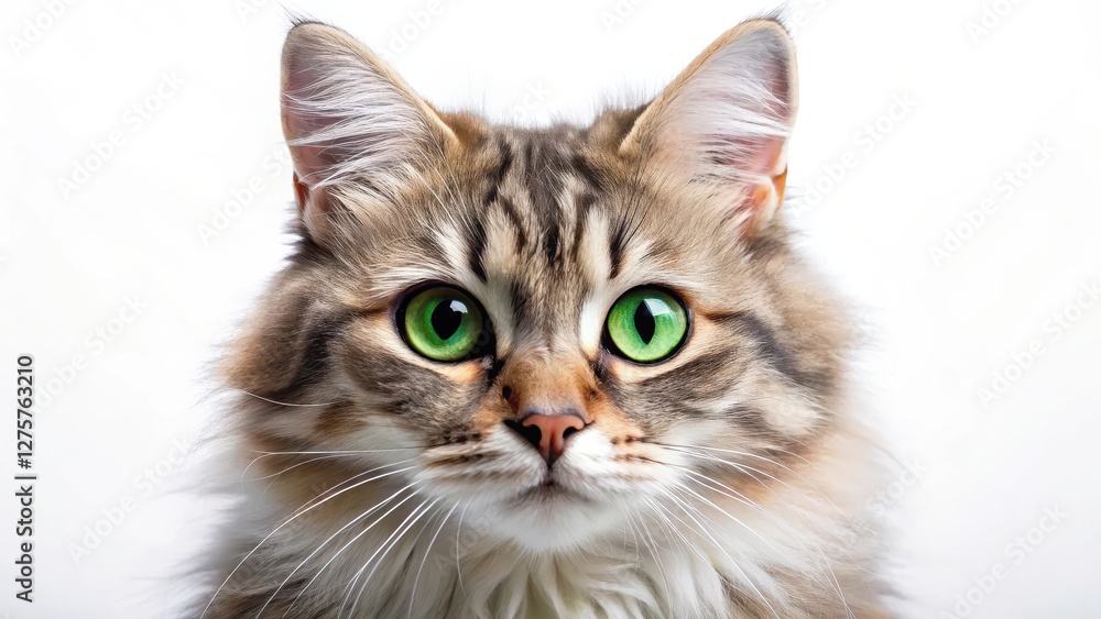 Adorable feline face with bright green eyes and fluffy fur on a white background, cute cat, soft texture Adorable feline face with bright green eyes and fluffy fur on a white background, cute cat, soft texture
