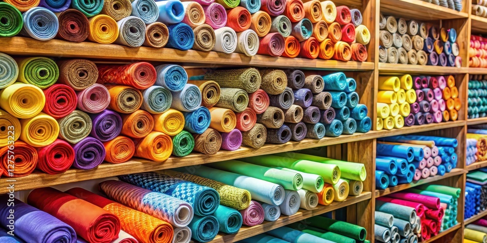 Fototapeta premium Colorful fabric rolls stacked on shelves in a cozy shop interior