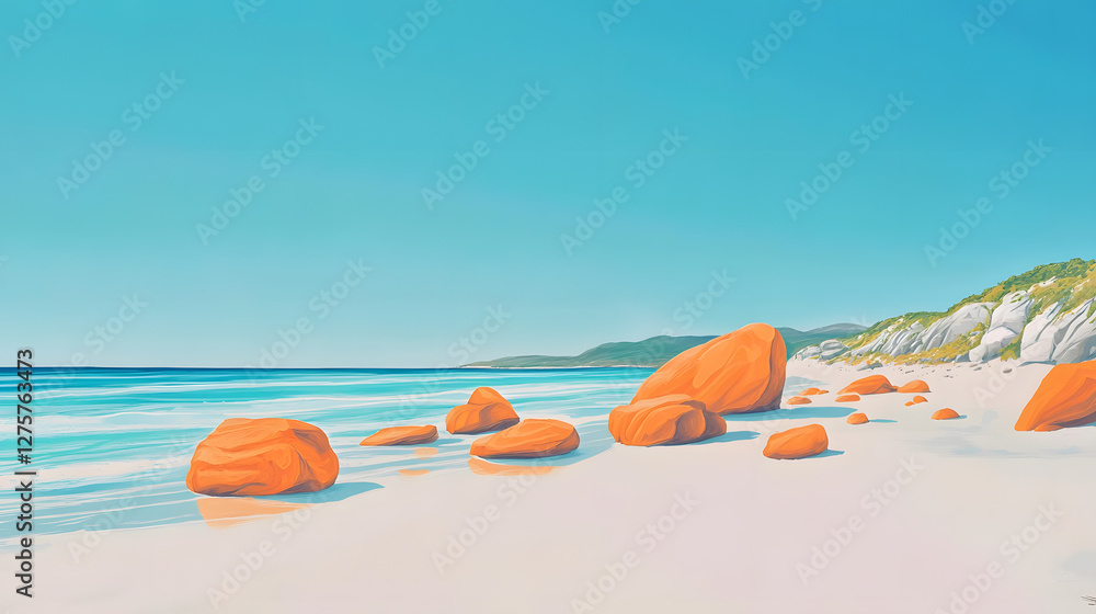 Serene beach scene, vibrant orange rocks on sandy shore, clear blue skies reflecting tranquil summer vibes, space for text. Serene beach scene, vibrant orange rocks on sandy shore, clear blue skies reflecting tranquil summer vibes, space for text.