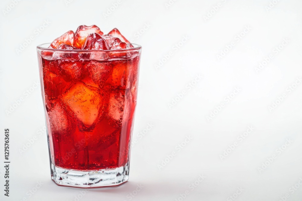 Rich and refreshing pomegranate juice served with ice in a clear glass on a white background Rich and refreshing pomegranate juice served with ice in a clear glass on a white background