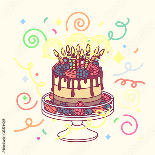 vector birthday cake with many candlec and cakestand. Colorful confetty decoration design. Festive cartoon invitation. Celebrate concept. Sweet Happy birthday party card isolated on light background. 