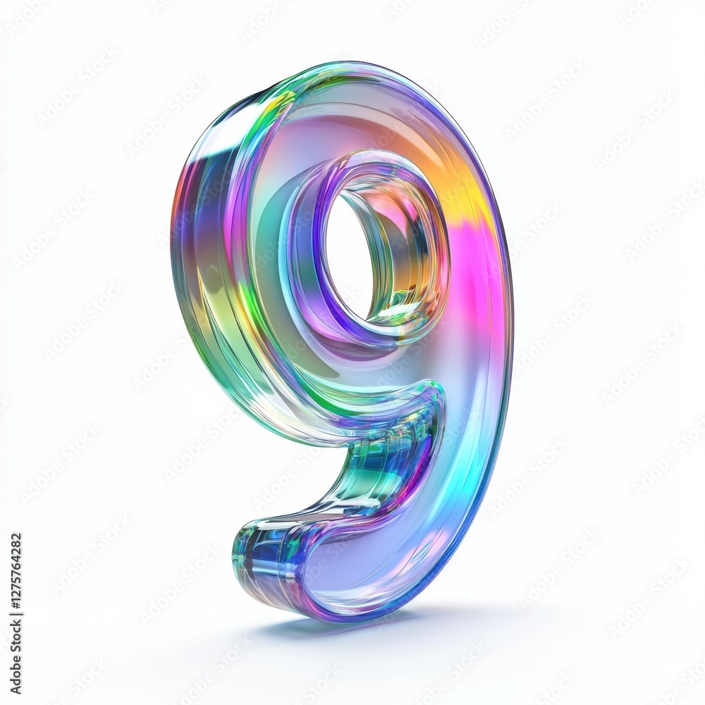 Number 9 made of transparent holographic glass with rainbow reflections isolated on a clean white background Number 9 made of transparent holographic glass with rainbow reflections isolated on a clean white background