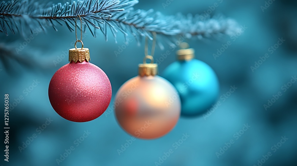 Festive Christmas ornaments hang from frosted pine branch Festive Christmas ornaments hang from frosted pine branch