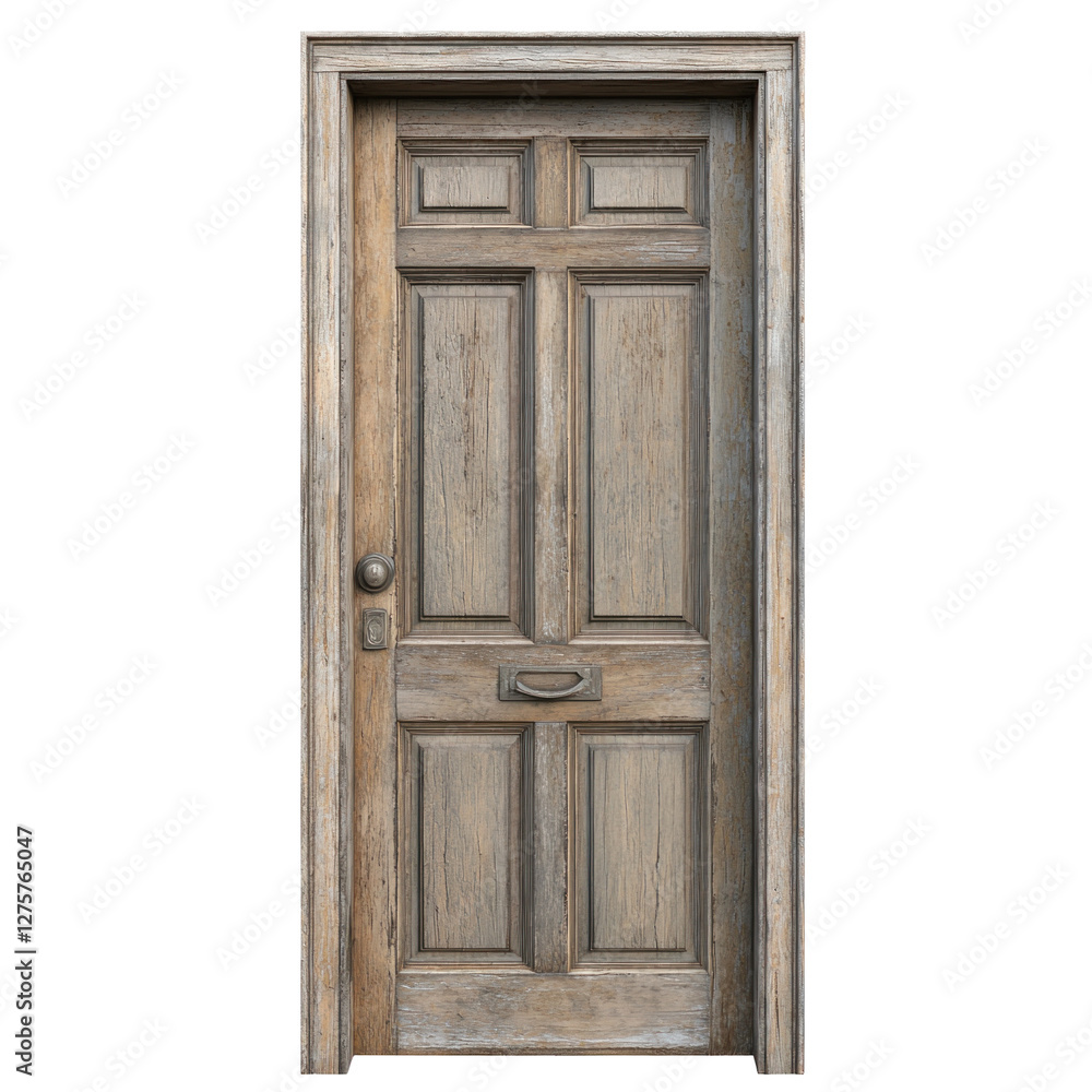 Wooden door with detailed panels and rustic finish isolated on png transparent background, cut out Wooden door with detailed panels and rustic finish isolated on png transparent background, cut out