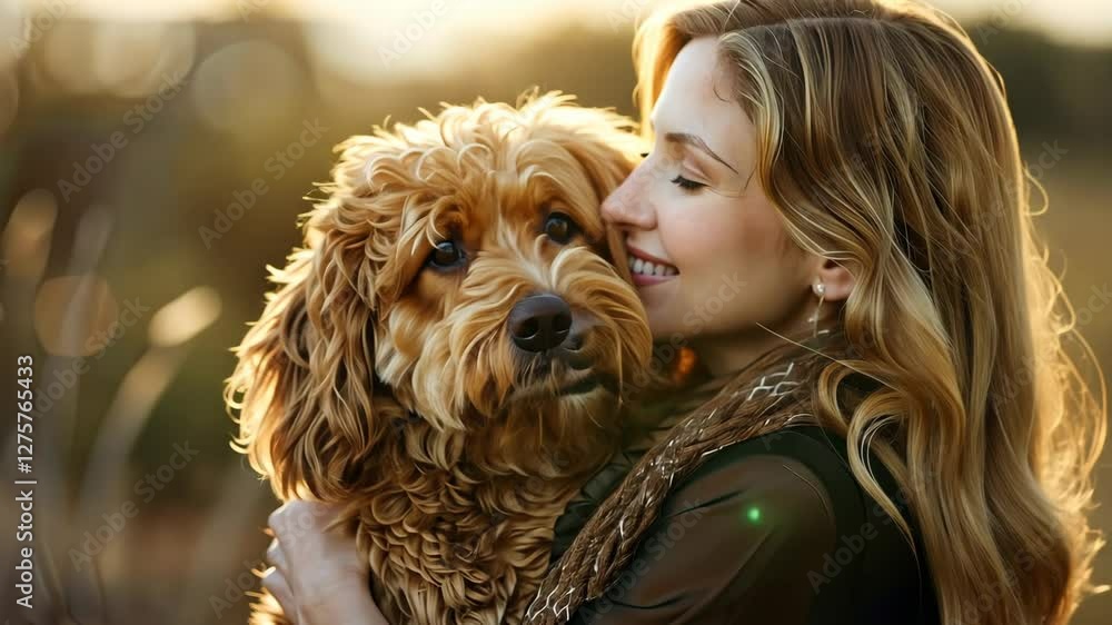 A woman shares a tender embrace with her dog in a beautiful, sunlit outdoor location filled with autumn colors A woman shares a tender embrace with her dog in a beautiful, sunlit outdoor location filled with autumn colors