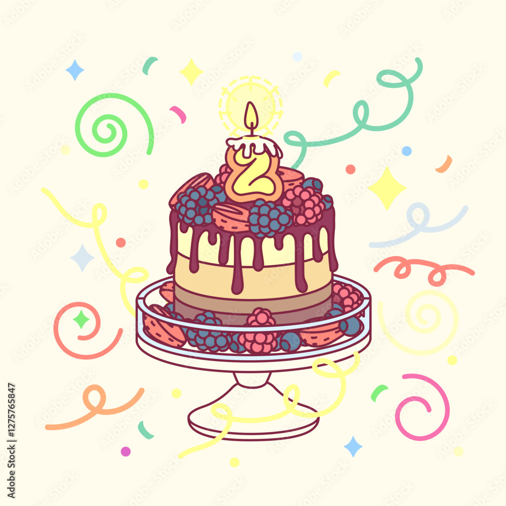 vector birthday cake with candle two (2) and cakestand. Colorful confetty decoration design. Festive cartoon invitation. Celebrate concept. Sweet Happy birthday party card isolated on light background vector birthday cake with candle two (2) and cakestand. Colorful confetty decoration design. Festive cartoon invitation. Celebrate concept. Sweet Happy birthday party card isolated on light background
