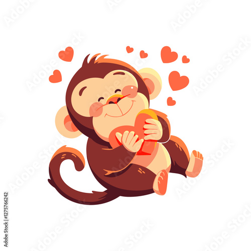 Cartoon character cute monkey hugging a red heart vector illustration with Love romance, feeling. Valentine Day concept. Vector illustration can be used for topics like holiday, emotions, anniversary  photo