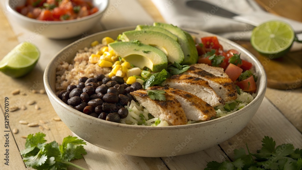 Burrito Bowl with Chicken and Black Beans Brown rice, grilled chicken, black beans, corn, salsa, avocado, and a cilantro-lime dressing Burrito Bowl with Chicken and Black Beans Brown rice, grilled chicken, black beans, corn, salsa, avocado, and a cilantro-lime dressing