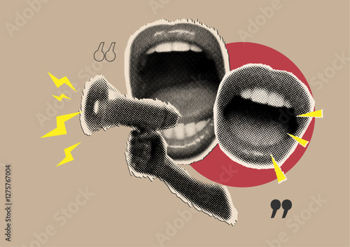 Shouting mouths,megaphone in hand in halftone effect,retro collage