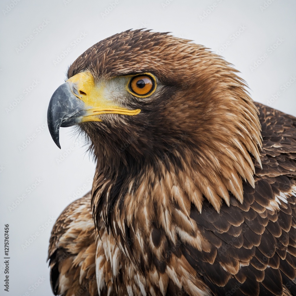 Fototapeta premium A golden eagle with fierce eyes, its feathers detailed against a white backdrop.