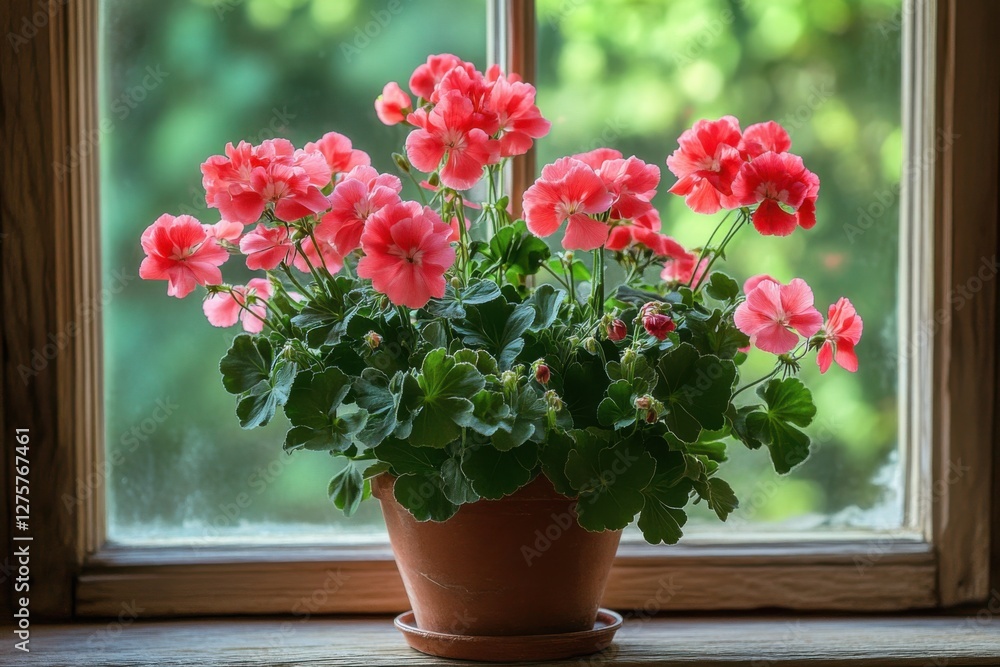Pelargonium flowers enhance the charm of a garden window in a cozy home setting Pelargonium flowers enhance the charm of a garden window in a cozy home setting