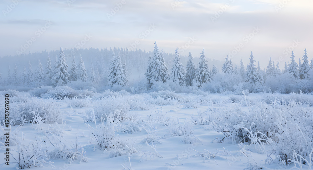 Snow Covered Trees and Field on a Foggy Winter Day Snow Covered Trees and Field on a Foggy Winter Day