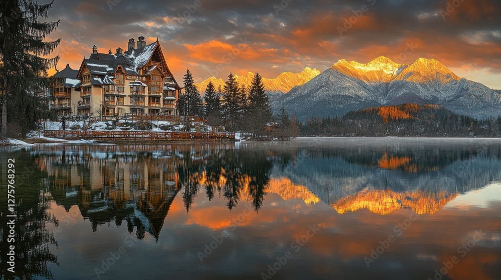 Obraz premium Lakeside chalet sunrise, mountain reflection, winter calm, tourism postcard