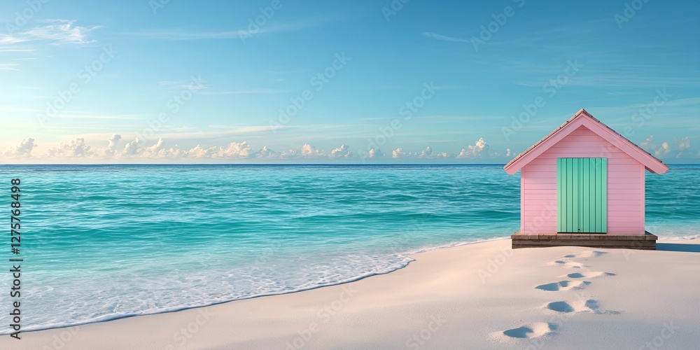 Tropical beach house caribbean sea illustrated scene calm environment pastel colors Tropical beach house caribbean sea illustrated scene calm environment pastel colors