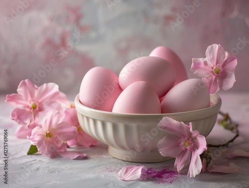 Wallpaper Mural pastel pink Easter eggs, naturally colored with beetroot, delicately arranged in a white ceramic bowl alongside fresh pink freesia flowers.  Torontodigital.ca