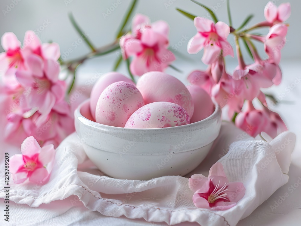 romantic still life of pastel pink Easter eggs, naturally colored with beetroot, delicately arranged in a white ceramic bowl alongside fresh pink freesia flowers. romantic still life of pastel pink Easter eggs, naturally colored with beetroot, delicately arranged in a white ceramic bowl alongside fresh pink freesia flowers.