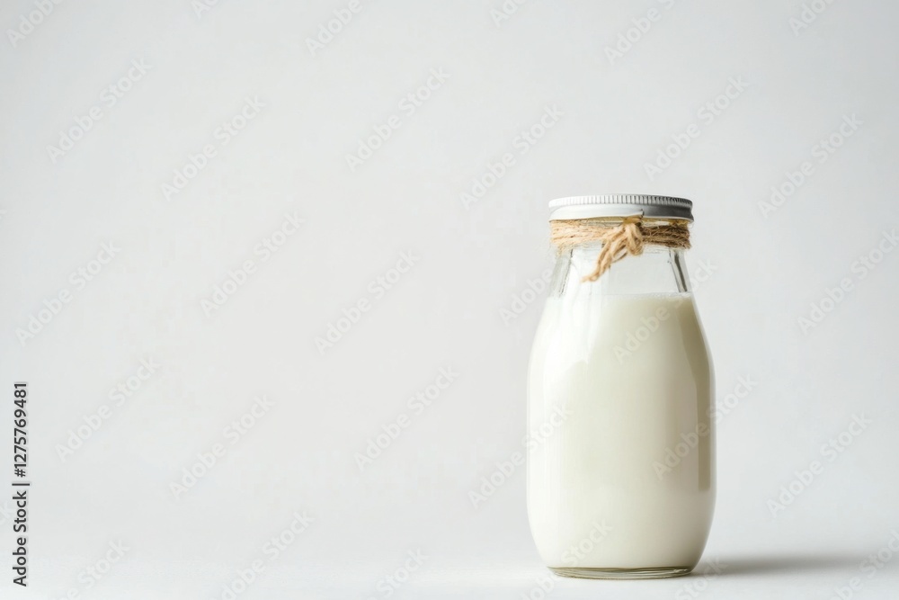 Organic soy milk in glass bottle isolated on white background highlighting its creamy texture and fresh appearance Organic soy milk in glass bottle isolated on white background highlighting its creamy texture and fresh appearance