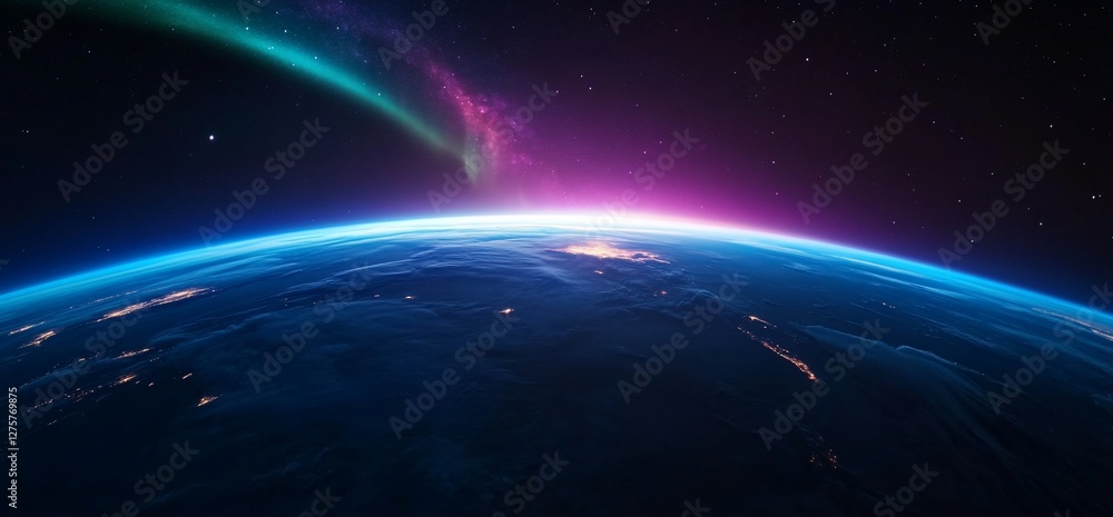 Fototapeta premium Spectacular view of earth from space with colorful aurora lights and stars